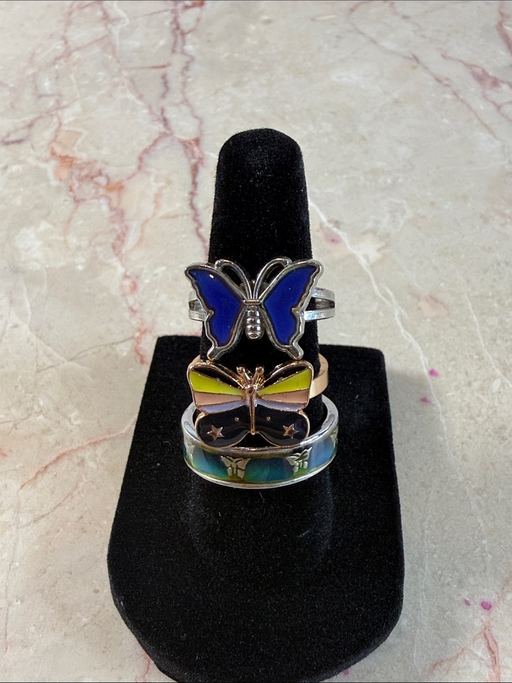 Butterfly Stackable Rings - Blue, Yellow, Green, Size 5